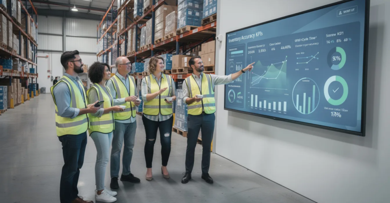 Team analyzing inventory data on screen