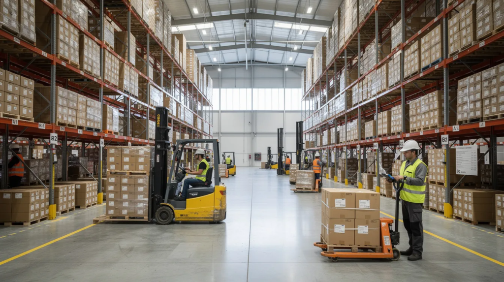 Busy Warehouse With Forklifts And Pallets