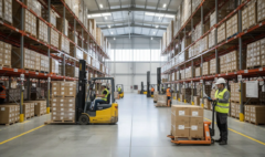 Busy warehouse with forklifts and pallets