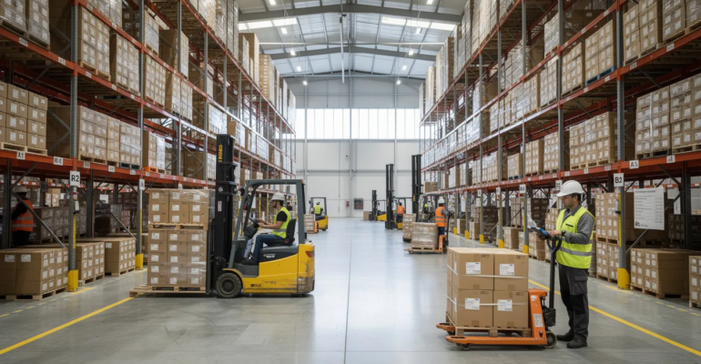 Busy warehouse with forklifts and pallets