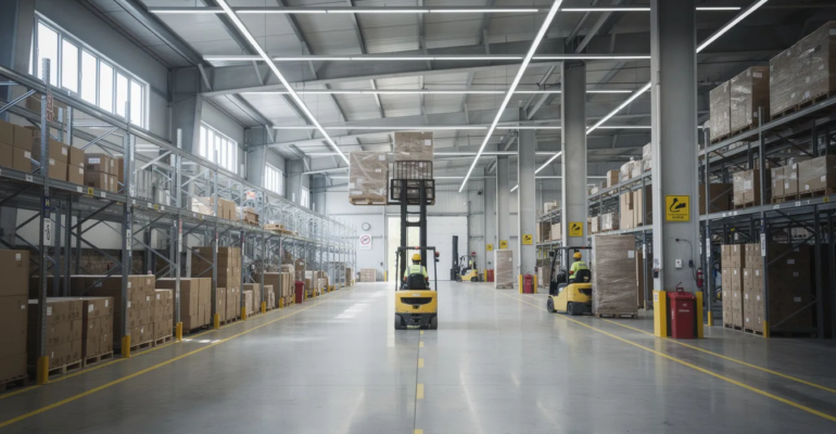 Warehouse with forklifts and boxes