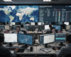 Busy logistics control room with monitors