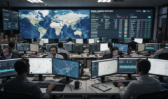 Busy logistics control room with monitors