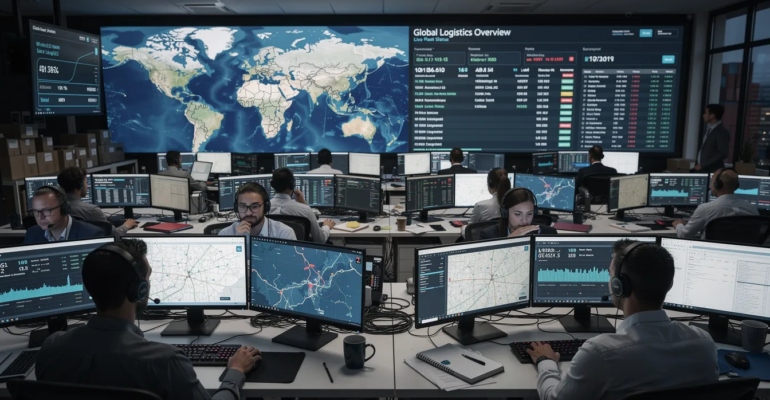 Busy logistics control room with monitors