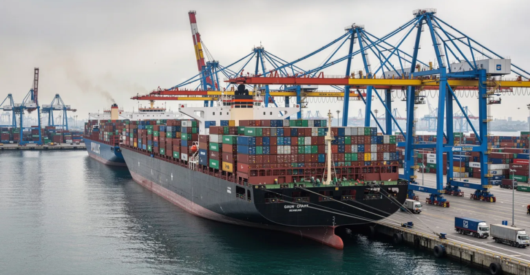 Large cargo ships at busy port